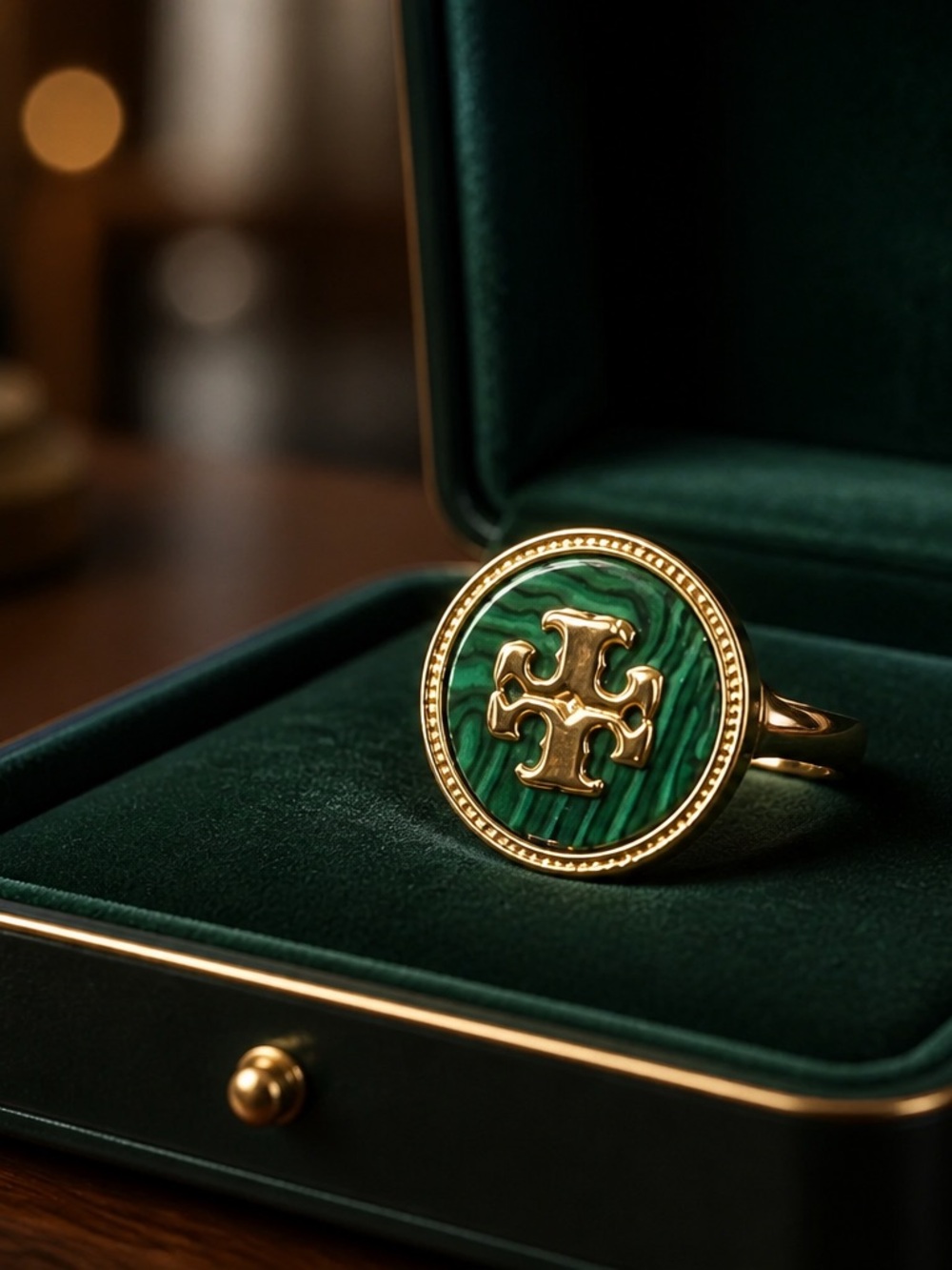 Tory Burch Gold Tone Ring with Green Malachite-Style Center